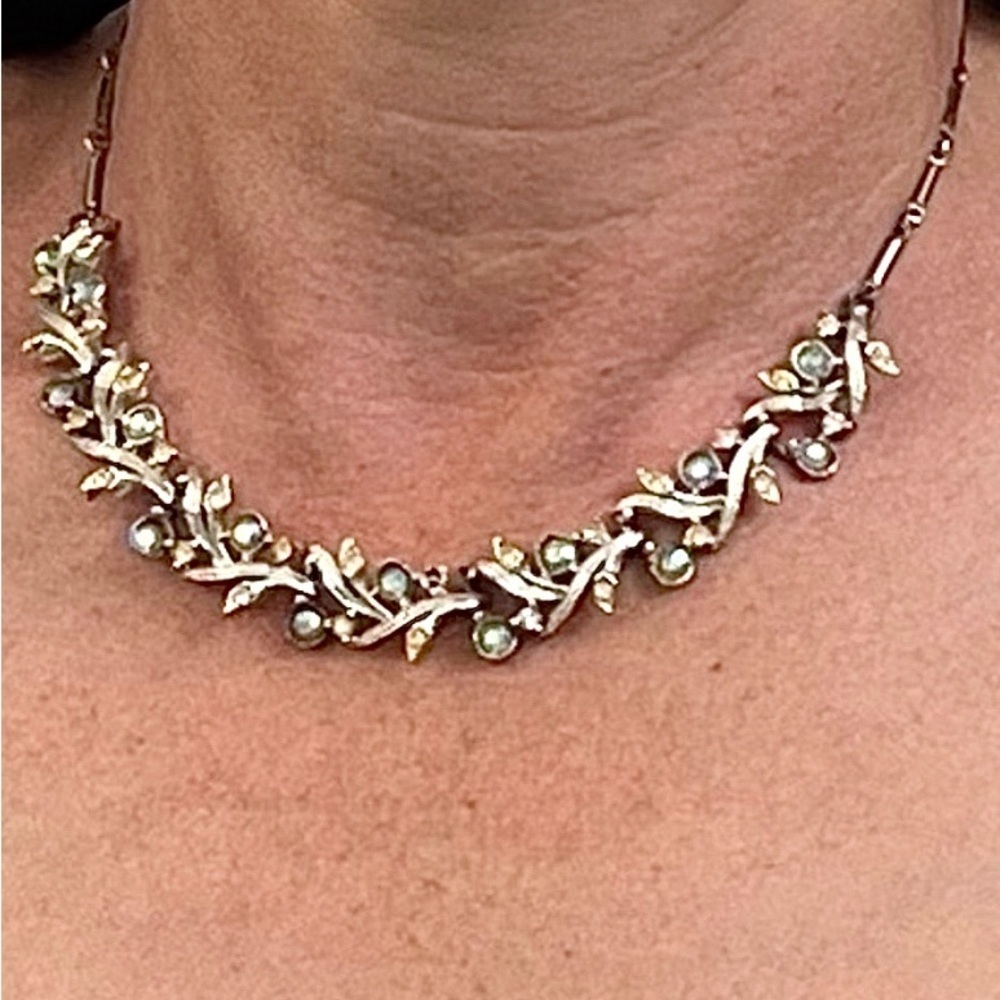 Vintage Silvertone Necklace with Intricate Detail and Aqua & Crystal Stones RARE